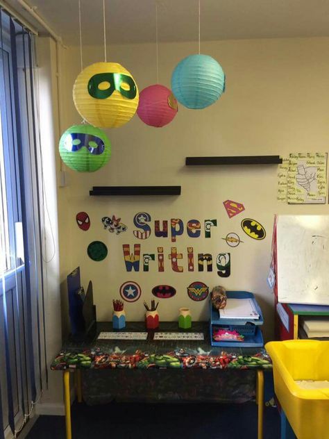 Love this super writing area Eyfs Superheroes, Superheroes Eyfs, Superhero Writing, Superhero Preschool, Eyfs Literacy, Classroom Areas, Super Hero Activities, Prep Classroom, Reception Classroom