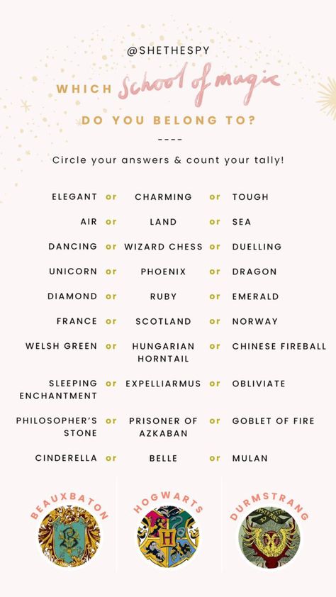 Harry Potter Universe - Which magical school do you belong to? For your Instagram story by @shethespy She The Spy, School Magic, Harry Potter Test, Harry Potter House Quiz, Wizard Chess, Harry Potter Sorting, Harry Potter Sorting Hat, Harry Potter Quizzes, Harry Potter Houses