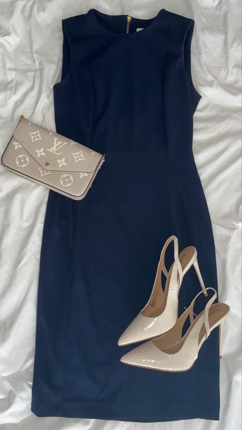 Navy Calvin Klein Dress, Flat Lay Outfit, Midi Gowns, Business Professional Outfits, Glam Outfit, White Heels, Calvin Klein Dress, Dressy Outfits, Professional Outfits