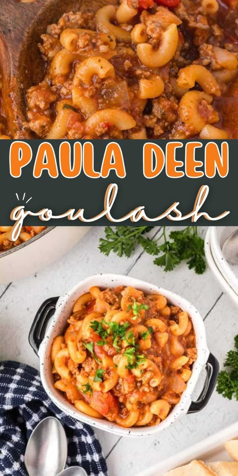 Paula Deen's Goulash is the ultimate comfort food to feed a large crowd. It is loaded with flavor and made with simple ingredients. This classic and homemade comfort food is perfect for an easy weeknight meal. All the ingredients cook easily in a large Dutch Oven for a delicious southern goulash recipe. #eatingonadime #pauladeensgoulash #goulash Goulash Recipes Dutch Oven, Best Ever Goulash, Goulash Recipes Pioneer Woman, Paula Deen Goulash Recipe, Goulash With Beans, Paula Deen Crockpot Recipes, Amish Goulash Recipes, Creamy Goulash Recipes, The Best Goulash Recipe