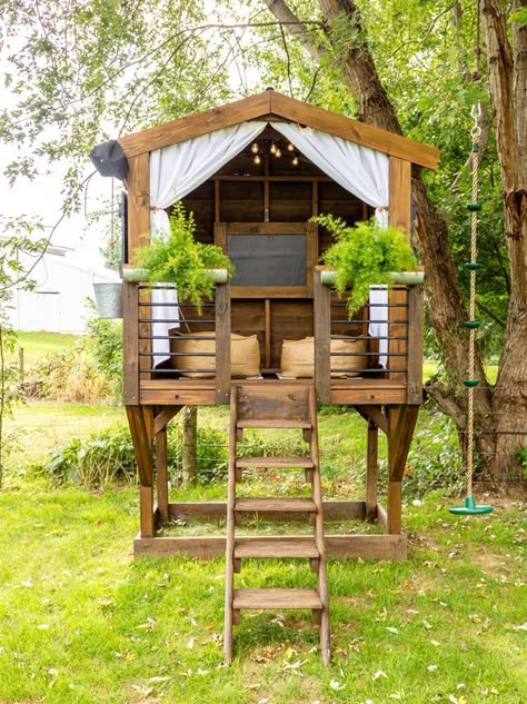 Restoring Wooden Playset, Backyard Clubhouse Kids, Shed With Playhouse On Top, Treehouse Plans Diy, Boy Playhouse Outdoor, Play Forts For Kids Outdoor, Diy Kids Tree House, Playhouse Railing, Treehouse Railing Ideas