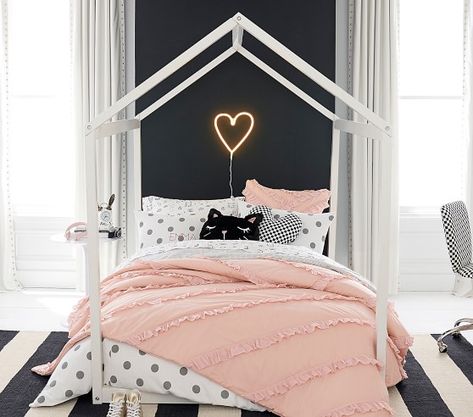 Tent Fantasy Kids Bed | Pottery Barn Kids Ruffle Comforter, Twin Bed Frame, House Beds, House Bed, Big Girl Rooms, Kids' Bed, Design Living Room, White Bedding, Modern Bed