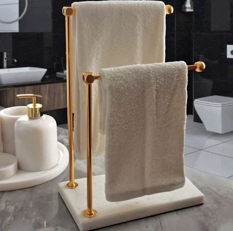 Upgrade your bathroom with the Gold Hand Towel Holder Stand! 🌟✨ Featuring a marble base and double T-shape towel rack, it's both functional and stylish. Made from SUS304 stainless steel in brushed gold. Click the link to buy now and explore more Amazon finds in my bio. 🛍️💛 #BathroomEssentials #TowelHolder #HomeDecor #AmazonFinds Credits insta :@housemania.ro Bathroom Towel Hanging Ideas, Towel Rack Bathroom Decor, Hand Towel Holder Ideas, Industrial Towel Holder, Freestanding Towel Rack, Hand Towel Stand, Rustic Towel Rack, Unique Bathroom Decor, Towel Holder Stand