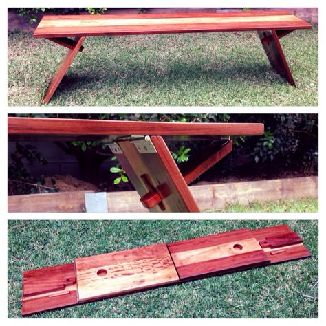 Folding timber bench seat made from recycled floor boards Diy Folding Bench Seat, Foldable Bench Seat, Folding Bench Seat, Bench Turns Into Picnic Table, Folding Picnic Table Bench, Wood Picnic Table Foldable, Timber Bench Seat, Folding Bench, Folding Seat