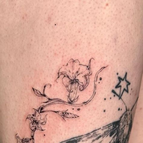 gloria ˗ˏˋ ★ ˎˊ˗ on Instagram: "moon flowers ornamental🌱🥀🦢" Orchid Moon Tattoo, Ethereal Moon Tattoo, Creepy Moon Tattoo, Moon Flower Tattoos, Whimsical Tattoos For Women, Moon And Flowers Tattoo, Ornamental Flower Tattoo, Moonflower Tattoo, Moon And Flower Tattoo