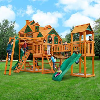 Cedar Summit by KidKraft Devonshire Elite Playset Gorilla Playsets, Backyard Swings, Rock Climbing Wall, Wood Roof, Playset Outdoor, Solar Wall Lights, Wooden Swings, Monkey Bars, Backyard Playground