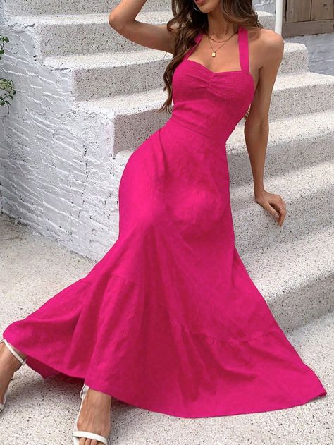 Hot Pink Casual Collar Sleeveless Fabric Plain A Line,Cami Embellished Non-Stretch  Women Clothing Hot Pink Silk Dress, Pink Semi Formal Dresses, Semi Formal Dresses Long, Pink Flowy Dress, Pink Silk Dress, Pink Formal Dresses, Semi Formal Dress, Halterneck Dress, Halter Neckline