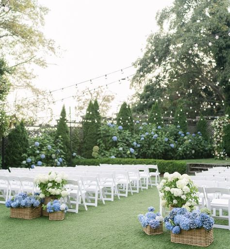 Blue Wedding Hydrangea, Aisle Backdrop Wedding, Flower Ideas For Weddings, Wedding Ceremony Hydrangea, Blue And White Outdoor Wedding, Hamptons Backyard Wedding, Blue And White Wedding Ceremony, Wedding In A Garden, Simple Southern Wedding