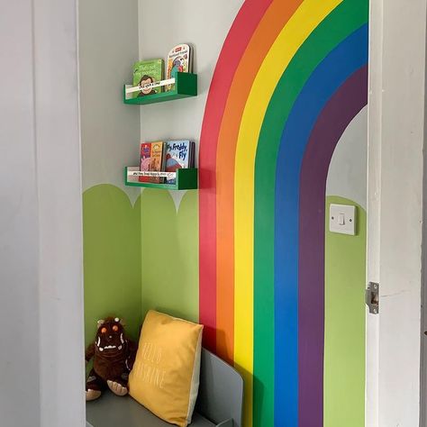 Rainbow Mural Kids Room, Rainbow Painted Walls, Kids Bedroom Mural, Rainbow Boys Room, Rainbow Kids Bedroom, Library Mural, Playroom Paint, Wall Mural Ideas, Condo Makeover