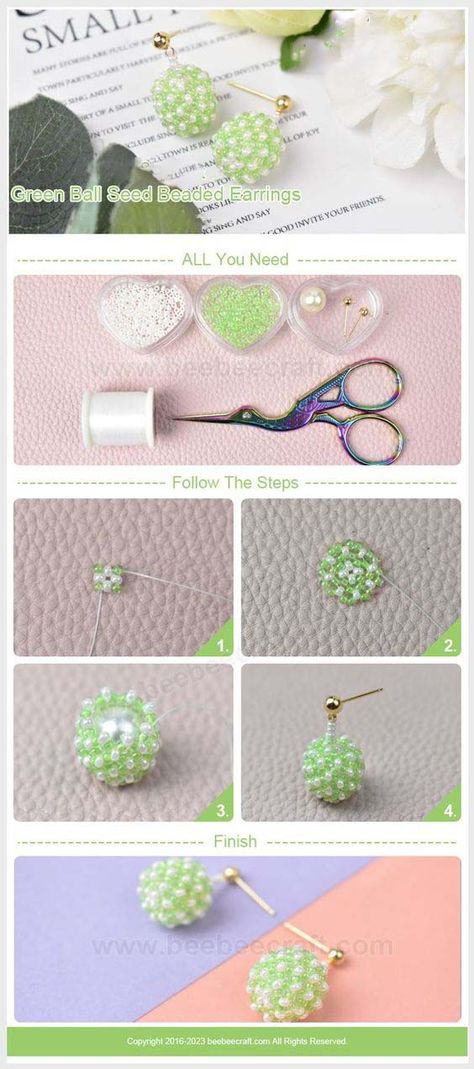 #US-Stock.Pandahall Green Ball Seed Beaded #Earrings. They're a stylish accessory for free-spirited individuals! 🌼💚 Seed Beaded Earrings, Diy Jewelry Earrings, Beaded Ball, Native Beadwork, Beaded Bracelets Tutorial, Bee Crafts, Ball Earrings, Make Your Own Jewelry, Craft Tutorial