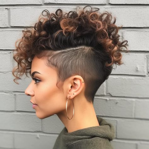 Lady Mohawk Shaved Sides, Growing Out A Mohawk For Women, Short Mowhak Hairstyle Woman, Shaved Sides Short Hair Women, Women’s Mohawk, Asymmetrical Curly Haircut, Curly Mohawk Mullet, Fake Mohawk Hairstyles For Women, Curly Pixie Mohawk