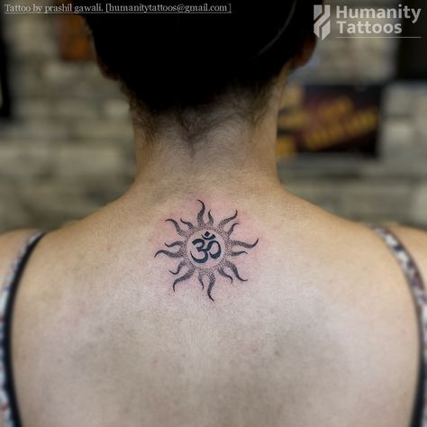 Om tattoo. Sun tattoo. Om Tattoo For Back Neck, Om Neck Tattoos Women, Om Tattoo On Back Neck, Om Back Tattoo Women, Om Sun Tattoo, Low Neck Tattoo, Om Tattoos For Women, Om Tattoo Back, Om Tattoo Design Women Neck