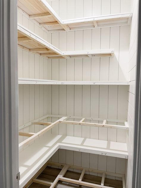 Corner Pantry Update, Pantry With Shiplap Walls, Plywood Pantry Shelves, Appliance Shelf In Pantry, Crisps Storage Ideas, Diy Small Pantry Ideas, Pantry Renovation Ideas, How To Build Pantry Shelves, Diy Pantry Shelves How To Build