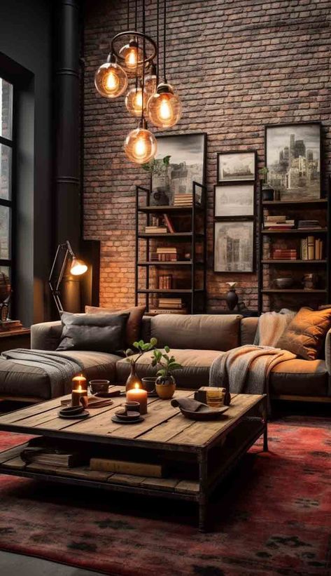 Bask in cozy intimacy with a small-scale exposed brick living room, blending modern hygge with warm textiles and earthy hues. The artful juxtaposition of minimalism and comfort unfolds in this snug urban retreat. See more on Nymphs Daily Blog. Industrial Interior Design, Exposed Brick Living Room, Industrial Style Living Room, Brick Living Room, Industrial Living Room, Living Room Industrial, Brick Interior, Industrial Living, Industrial Livingroom