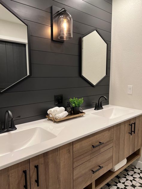 Black And Wooden Bathroom Ideas, Bathroom With Black Shiplap Wall, Dark Grey Bathroom Cabinets Vanities, Black White And Wood Master Bath, Gray Counter Bathroom, Black And White Oak Bathroom, Wood And Black Bathroom Ideas, Black White And Oak Bathroom, Sleek House Interiors