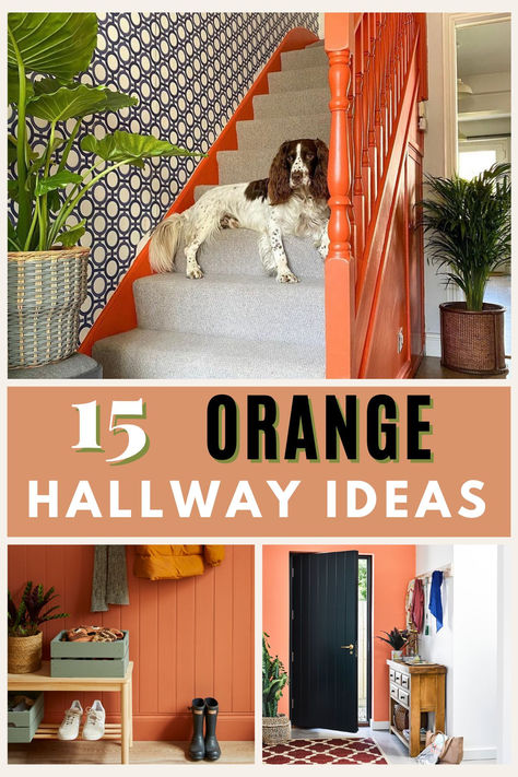 15 orange hallway ideas Colourful Hallways, Terracotta Hallway Paint Colors, Terracotta Hallway Ideas, Orange Entryway, Orange Staircase, Burnt Orange Hallway, Bright Hallway Ideas Colour, Colorful Hallway Ideas, Orange Panelling