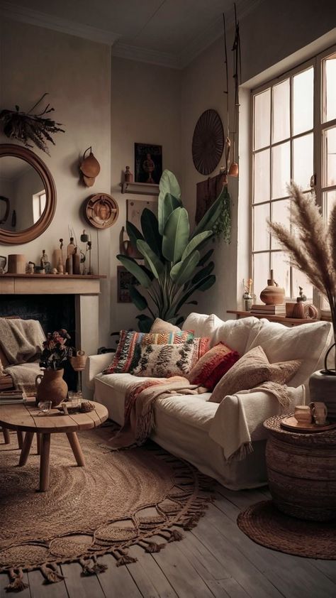 Lush Living Room, Minimalist Boho Decor, Elegant Boho Living Room, Boho Minimalist Living Room, Cozy Bohemian Living Room, Bohemian Rooms, Estilo Kitsch, Dark Boho Living Room, Living Room Design Boho