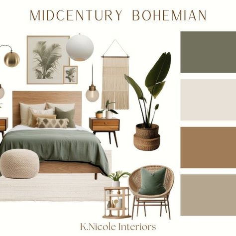 Home Color Pallet Ideas, Bedroom With Wood Accents, Apartment Vibes, Loft Ladder, Modern Organic, Bohemian Bedroom, Digital Drawings, Nyc Apartment, Bedroom Green