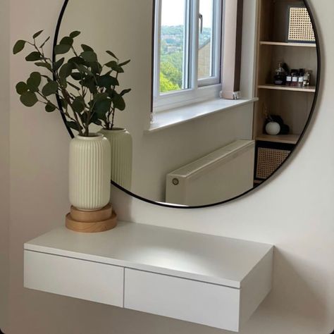 Small Floating Dressing Table, Mirror With Shelf Bedroom, Floating Makeup Table, Floating Dressing Table Ideas, Floating Shelf Dressing Table, Vanity Floating Shelves, Floating Vanity Makeup, Shelf Dressing Table, Floating Dressing Table