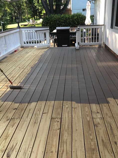 Black Deck Furniture Ideas, Exterior Deck Paint Colors, Brown Deck Decorating Ideas, Dark Grey Porch, White House Deck Color, Sherwin Williams Deck Stain Colors Solid, Deck Stain Colors Ideas Two Tone, Deck Colors For Gray House, Deck Colors For Tan House