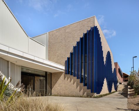 Brick Inlay facade, St Francis Xavier College Music and Drama Centre Glazed Brick Tiles, Precast Concrete Panels, St Francis Xavier, Types Of Bricks, Francis Xavier, Facade Panel, Glazed Brick, Urban Landscape Design, Blue Lines