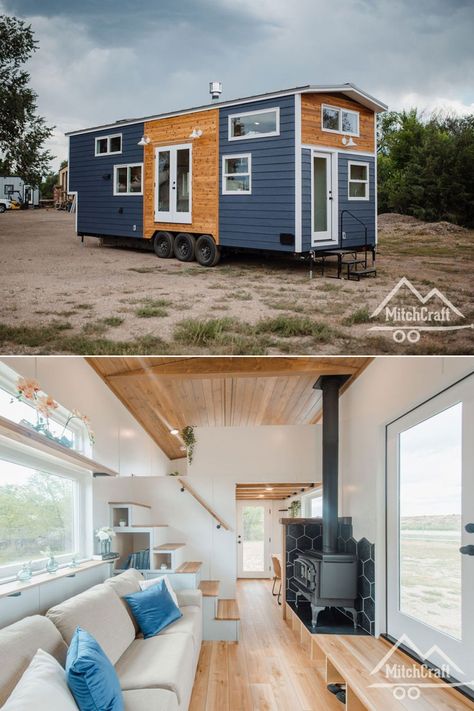 Rebecca’s Tiny House Features Spacious Interior With Dual-Loft, Office Space, and Bathtub Tiny House Design Trailers, House Trailer Ideas, Tiny House With Bathtub, Tiny House Entryway, Tiny House Windows, Tiny House Truck, 2 Bedroom Tiny House On Wheels, Semi Trailer Tiny House, Tiny House With Office