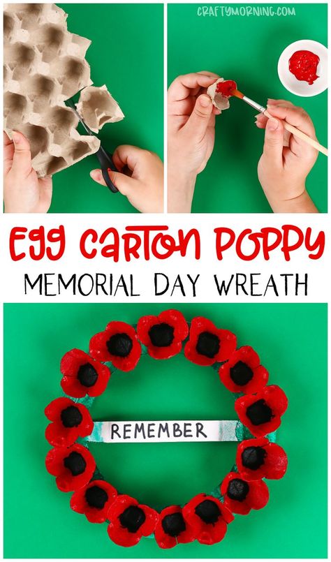 Make a egg carton poppy memorial day wreath for a kids craft! Also using a paper plate for the wreath. Kids memorial day poppy flower art project. Poppy Memorial Day, Memorial Day Poppy, Flower Art Project, Poppy Craft For Kids, Memorial Day Poppies, Remembrance Day Activities, Poppy Flower Art, Remembrance Day Art, Poppy Craft