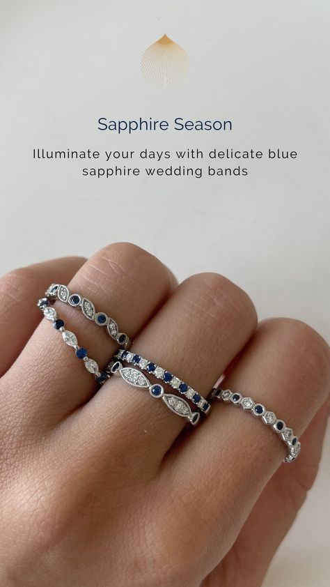 Following one of the hottest trends in fine jewelry, these blue sapphire wedding bands will look great on their own or matched with your Sylvie engagement ring. They feature a mix of shapes and alternation diamonds and blue sapphires, giving a true chic appearance. Each blue sapphire ring can also be customized with any other stackable band for a fun fashionable look. Illuminate your days with delicate blue sapphire wedding bands | SYLVIE | Wedding Bands for Women Sapphire Wedding Bands, Sylvie Engagement Rings, Blue Sapphire Wedding Band, Stackable Diamond Bands, Platinum Diamond Wedding Band, Wedding Bands For Women, Couple Ring Design, Sapphire And Diamond Band, Gemstone Wedding