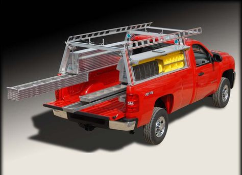 Truck Tool Box Ideas, Tool Box Ideas, Ladder Rack Truck, Truck Accesories, Truck Tool Boxes, New Pickup Trucks, Truck Organization, Truck Bed Storage, Camper Awnings