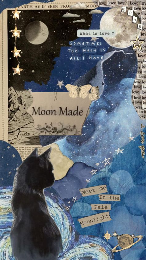 Moon And Stars Wallpaper, Cat And Moon, Cute Blue Wallpaper, Artistic Wallpaper, Arte Van Gogh, Image Chat, Star Wallpaper, Cool Wallpapers Art, Vintage Poster Art