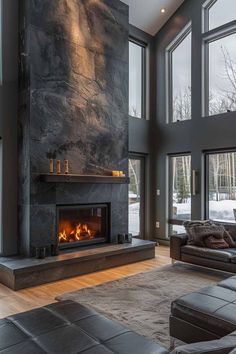 Metallic Fireplace, Wide Fireplace Ideas, Fireplace Surround Ideas, Modern Fireplace Ideas, Stone Veneer Fireplace, Wood Fireplace Surrounds, Fireplace Accent Walls, Suspended Fireplace, Hanging Fireplace