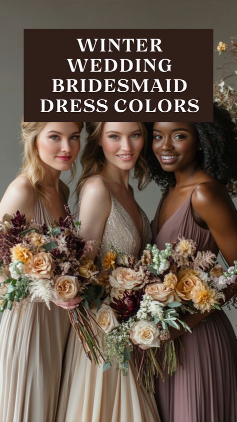 Bridesmaids in winter wedding dresses with a winter wonderland theme in elegant gold, champagne, and complementary color palettes. Bridesmaid Dress Colors Winter, Winter Wonderland Bridesmaid Dresses, Winter Wedding Bridesmaid Dresses, Bridesmaid Dresses Winter, December Wedding Colors, Unique Color Schemes, Winter Wonderland Wedding Theme, Winter Bridesmaid, Wonderland Wedding Theme