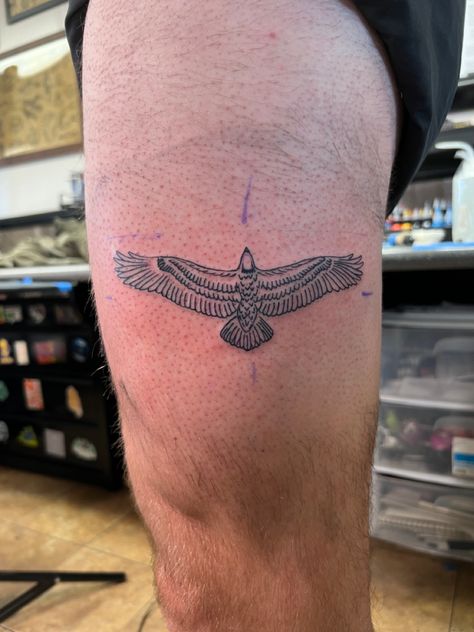 Wings Leg Tattoo Men, Eagle American Traditional Tattoo, Eagle Knee Tattoo, Eagle Tattoo Linework, Linework Eagle Tattoo, Wingspan Tattoo, Eagle Tattoo Thigh, American Traditional Hawk Tattoo, Eagle Thigh Tattoo