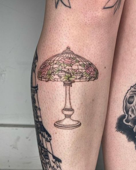 Tattoos With Stippling, Stained Glass Lamp Tattoo, Tiffany Lamp Tattoo, Vintage Lamp Tattoo, Stained Glass Tattoo, Lamp Tattoo, Strawberry Tattoo, Mystical Tattoos, Tattoo Now