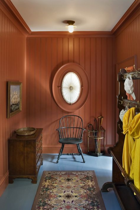 Maine mudroom by Jayne Design Studio Mudroom Design, Orange Interior, Wooden Stairs, Red Rooms, Décor Diy, Kitchen Colors, Interior Paint, Interior Inspiration, Kitchen Ideas