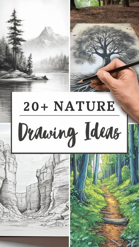 Outdoor Drawings Sketch, Simple Landscape Drawing Ideas, Drawing Ideas Pencil Sketches Landscape, Sketching Landscapes For Beginners, Nature Sketches Pencil Inspiration, Mountain Sketch Landscapes, Easy Landscape Drawing Ideas, Drawing Landscapes Pencil, Nature Drawing Ideas Creative Beautiful