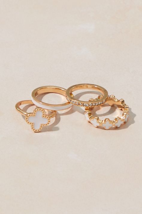 Enamel Clover Ring Set in Gold & White | Altar'd State Rings Preppy, Delicate Gold Chain, Clover Ring, Preppy Jewelry, Multiple Rings, Clover Bracelet, Gold Promise Rings, Sophomore Year, Jewelry Essentials