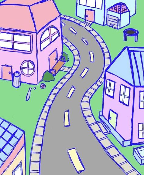 A drawing of a neighborhood full of pastel houses , theres a bunch of toys laying around in their front yards. There are no people or cars in sight. Empty Street, New Student, Cartoon House, City Cartoon, Cartoon Cartoon, House Drawing, Art Colorful, City Streets, Children Illustration