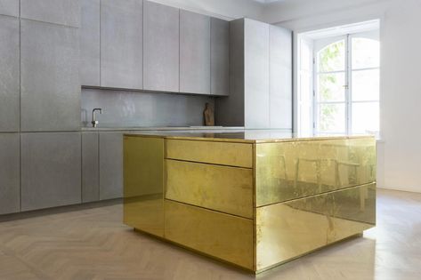 Gold & Gray Apartment : Studio Richard Lindvall – Ode to Things Contemporary Kitchen Designs, Steel Island Kitchen, Gray Apartment, Brass Kitchen, Contemporary Kitchen Design, Island Kitchen, Kitchen Island Design, Gold Interior, Island Design