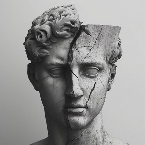 Midjourney Feed Greek Sculpture Black And White, Ancient Sculpture Greece, Cracked Statue Tattoo, Black And White Portraits Men, Greek Sculpture Aesthetic, Cracked Statue, Black And White Sculpture, Greece Statue, Black And White Statue