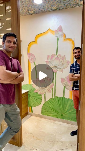 Prakash Garg on Instagram: "Hyderabad Mandir artwork 😇 Made these pastel lotus artwork for a home temple in Hyderabad. DM us if you want to beautify your space with our brush strokes🥰 Acrylic paint on texture wall. This artwork is Inspired by- @ojaswinikambli  Thanks for watching 🙏🏻 . #wallart #wallmural #mandir #templedecor #mandirdecor #hyderabad #indianart #indianartist #lorus #lotusart #pastel #pastelart #artoftheday #minimalart" Pooja Room Wall Painting Ideas, Wall Painting For Mandir, Mandir Wall Art, Pooja Room Wall Painting, Mandir Wall Painting, Textured Artwork Diy, Lotus Painting On Wall, Diy Temple For Home, Latest Temple Design For Home