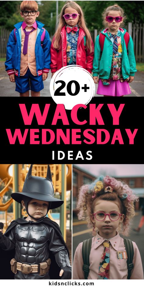 These 20+ Wacky Wednesday ideas include safe online fun as well as offline screen free fun for kids activities all year! Whether you’re searching for the perfect kids activity to liven up a sluggish classroom, shake up a mundane office, or simply have some goofy family fun, we have got you covered! Here are some fun wacky Wednesday ideas, offline and online. Click through to the blog for all of our favorite Wacky Wednesday activities! Wacky Costume Ideas, Wacky Wednesday Dress Up Ideas, Wacky Wednesday Ideas Outfits, Silly Day At School Ideas, Wacky Outfit Day At School, Easy Wacky Wednesday Outfits, Whacky Tacky Day Outfits, Crazy Dress Up Day At School, Wacky Dress Up Day At School