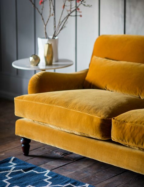 Velvet Three-Seater Sofa by Rose & Grey Yellow Velvet Sofa, Best Leather Sofa, Yellow Sofa, Velvet Couch, Living Room Color Schemes, Perfect Living Room, Room Color Schemes, Three Seater Sofa, Retro Home Decor