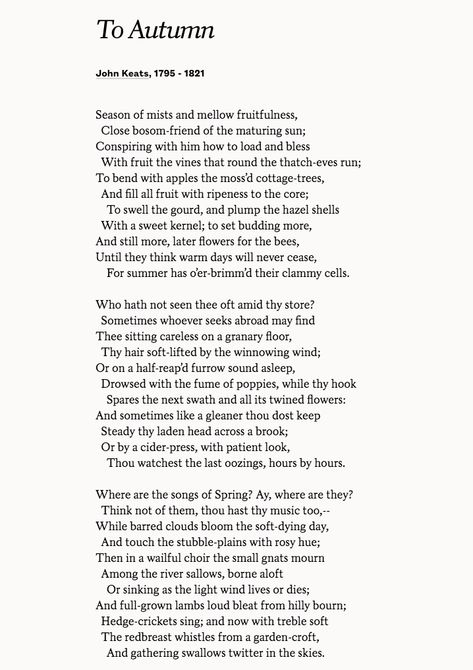 Poetry John Keats, Ode To Autumn John Keats, John Keats Aesthetic, Poems About Autumn, To Autumn John Keats, Keats Poetry, Autumn Text, John Keats Quotes, Autumn Poem