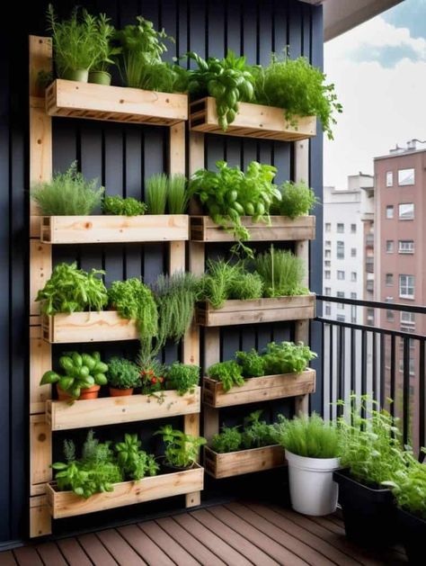 Vertical herb garden using wooden crates or hanging planters provides fresh cooking herbs. Wooden Vertical Garden, Outside Herb Garden Wall, Vertical Veggie Garden Ideas, Hanging Garden Balcony, Palette Wall Garden, Balcony Veggie Garden Ideas, Vertical Veg Garden, Plant Wall Balcony, Vertical Garden Patio