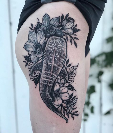 Meghan Freeman on Instagram: “Boy was I excited to draw and tattoo this Whale Shark! Such a beautiful animal. For those that don’t know, animals are one of my favorite…” Whale Sleeve Tattoo, Whale Shark Tattoo Meaning, Great White Shark Tattoos For Women, Shark Jaw With Flowers Tattoo, Feminine Shark Tattoo For Women, Animal Leg Sleeve Tattoo, Whale Shark Spine Tattoo, Whale Shark Drawing Tattoo Ideas, Whale Shark Tattoo Ribs