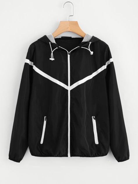 Contrast Woven Tape Applique Windbreaker Hooded Jacket -SheIn(Sheinside) Cotton Short Dresses, Drawstring Jacket, Women Jackets, Cute Jackets, Sport Dress, Hoodie Outfit, Sporty Outfits, Jacket Design, Cropped Hoodie