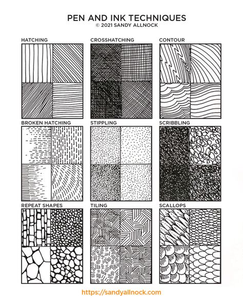 Texture Easy Drawing, Ink Pattern Drawing, Sandy Allnock Tutorials, Pen Techniques Drawing, Easy Texture Drawing, Pen Sketch Tutorials, Line Art Study, Texture Drawing Reference, Ink Illustrations Easy