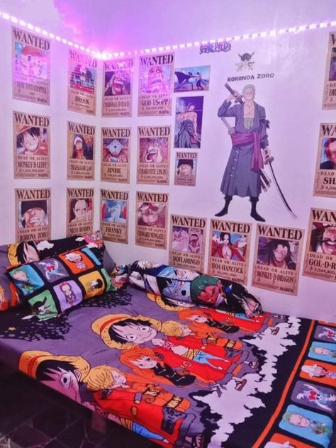 One Piece Anime Room Decor Ideas, One Piece Anime Bedroom Ideas, Tokyo Themed Bedroom, One Piece Home Decor, Anime Themed Rooms, One Piece Room Ideas Anime, One Piece Bedroom Ideas, One Piece Room Ideas, Otaku Room Ideas Bedrooms