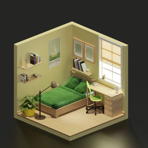 3D isometric room create by Blender , on ArtStation at https://www.artstation.com/artwork/1xgLQX #3d #3drender #3dblender #3drealisticroom #isometricroom #isometric #3dmodeling #modeling #rendering #digitalart #greenroom #cycles #cyclesrender Isometric Bedroom 3d, Isometric Room 3d, Blender Realistic, 3d Isometric Room, Isometric Room, Room Minimal, Realistic Render, 3d Isometric, 3d Room